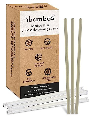 Jenvita Powder Bamboo Straws (250-Pack) - 7.88 Disposable Straws Individually Wrapped | 100% Compostable | Durable & Biodegradable | Made for Hot & Cold Drinks | Perfect for Weddings, Parties & Event