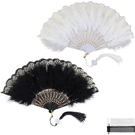 HASLED 2 Stück Feder Handfacher, Faltbar Fächer Damen, Chinesischer Fächer, Fächer Damen mit Quasten, Handfächer klein Kann für Hochzeit, Abschlussball, Teeparty Verwendet Werden