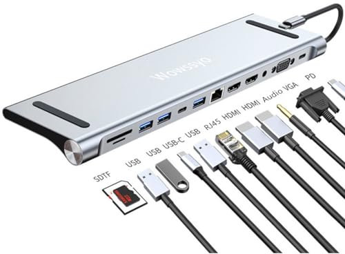 Wowssyo 12-in-1 Docking Station USB C Hub, adattatore USB C 2 HDTV 4K, VGA, USB 3.0/2.0, porta dati USB C, lettore di schede SD/TF, Ethernet, PD 100W, audio 3,5 mm MacBook Pro/Air e per Windows