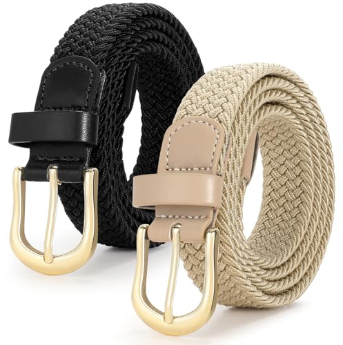 JASGOOD 2 Pack Ladies Braided Elastic Belts Casual Women Elasticated Canvas Woven Belts for Jeans Pants 1 Inch Wide Black+Khaki L