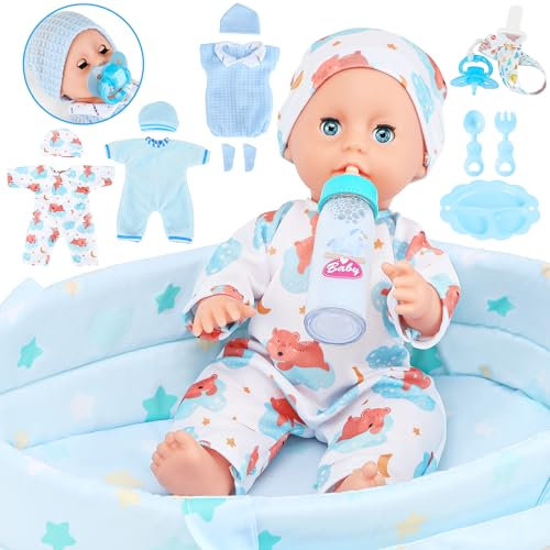 GirlDiary Baby Puppe Junge Set mit 3 Kleidung und Zubehör, Carrier Bassinet Bett, Flasche, Pretend Play Toddler Spielzeug für Alter 3 4 5 6 7 8 Jahre alt Kinder Mädchen Jungen Geschenk 031