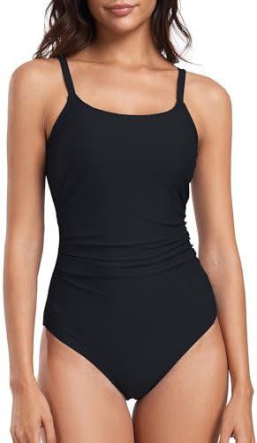 Deriwone One Piece Swimsuit Ruched Tummy Control Swimming Costume Round Neck Swimwear Padded Adjustable Straps Bathing Suits L,Black