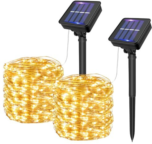 SCNNC Solar String Lights Outdoor Garden 15M/50FT 150 LED Solar Powered Fairy Lights Outdoor 8 Modes Warm White Waterproof, Copper Wire Solar Garden Lights for Patio Yard Tree Wedding Party, 2 Pack