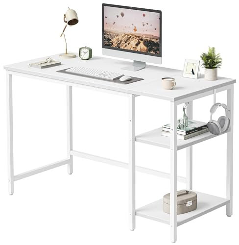 CubiCubi Computer Desk, 100 x 48 cm Office Desk with Reversible Storage Shelves, Small Table Modern Style for Study, Bedroom, Living Room, White