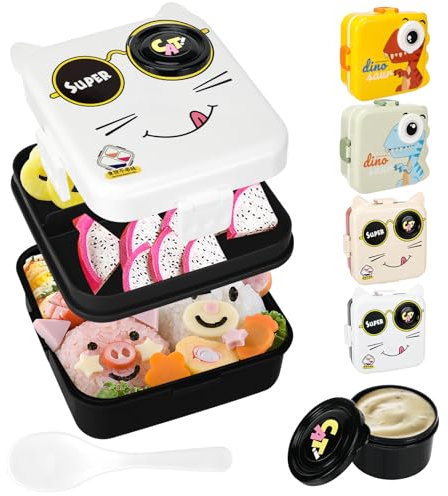 Tapvai Brotdose Kinder mit Fächern, Auslaufsicher Lunchbox, geeignet für Schule,Picknick,Kindergarten & Ausflüge, Bento Box Kinder, mikrowellen-/spülmaschinenfest (Katzenstil weiß)