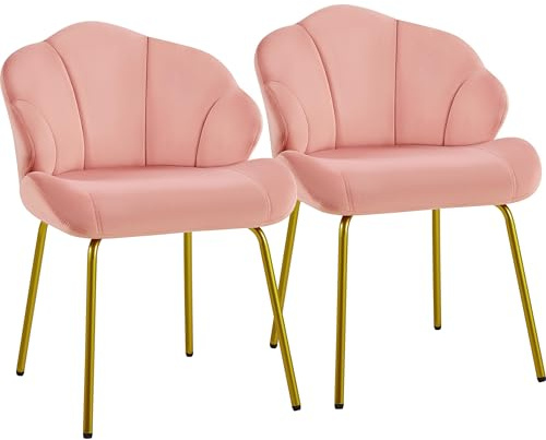 Yaheetech Lot de 2 Fauteuil de Salon Moderne, Design Coquillage, Chaise de Chambre à Coucher Confortable, Rembourré, Ergonomique, Fauteuil en Velours avec Dossier, Pieds en Métal Plaqué Or, Rose