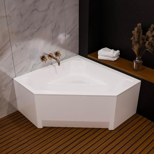ECOLAM Baignoire d'angle acrylique symétrique IRMA 140 x140 cm + tablier | pieds siphon + silicone | Baignoire thermale ecoThermoPro