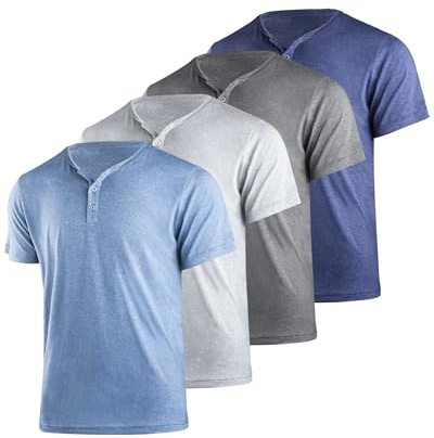 Liloak Paquete de 4 Camisetas Henley para Hombre, Paquete múltiple de Camisas de Manga Corta Henley de 3 Botones, Multicolor, Paquete clásico Casual, Gris/Azul Marino/Gris Claro/Azul Claro, XX-Large