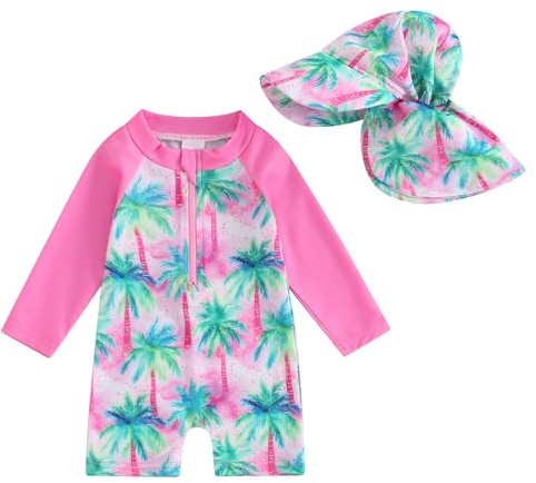 Geagodelia Toddler Baby Girl Swimsuit and Hat Zip Up Long Sleeve All in One Swimming Costume UV Sun Protection Swimwear One Piece Swimming Suit Rash Guard Sunsuit (Palm Trees Bright Rose, 2-3 Years)