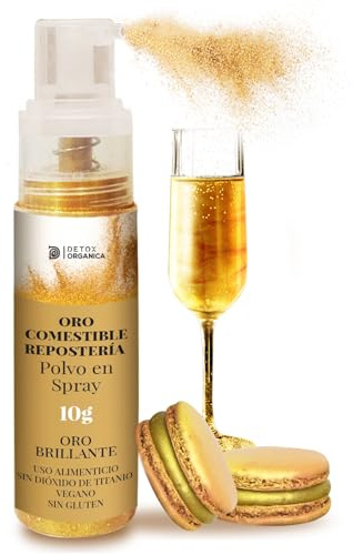 Detox Organica Polvo Oro Comestible Repostería Spray 10g-Edible Glitter For Drinks - Spray Terciopelo Reposteria-Glitter Purpurina Comestible Reposteria-Decora Tartas, Bebidas - Sin Gluten, Vegano