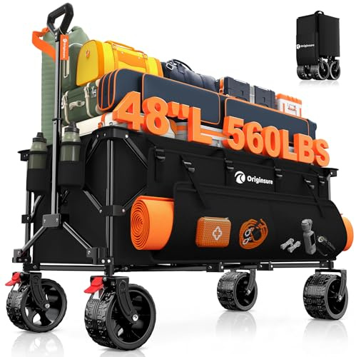 48 L Folding Beach Wagon Cart Foldable, 560lbs Weight Capacity 300L Heavy Duty Collapsible Wagons with Big All-Terrain Wheels, Utility Carts for Groceries, Shopping, Camping, Sports - Black