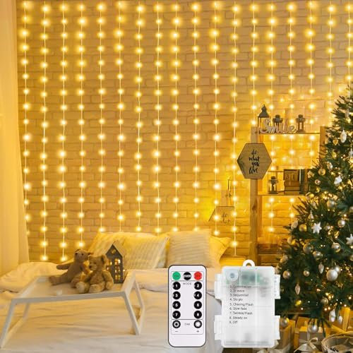 ALEGRE® 3x3m Lichtervorhang Innen, 300 LEDs Warmweiß Lichterketten Vorhang mit 8 Modi Fernbedienung Timer, Wasserdicht Batterie Lichterkette Vorhang Innen Außen für Hochzeit Deko,Weihnachten,Halloween