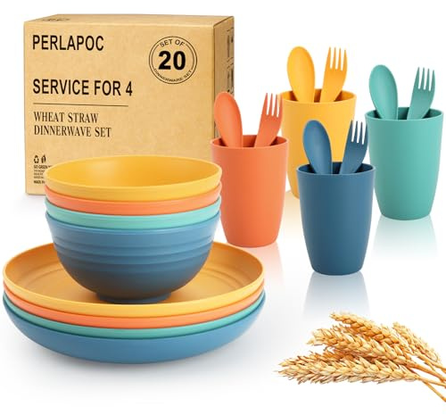 Perlapoc Wheat Straw Dinnerware Sets, 20 PCS Service for 4, Dishwasher & Microwave Safe Kids Plates and Bowls Sets, Unbreakable Lightweight Outdoor Camping Dishes - Multicolor