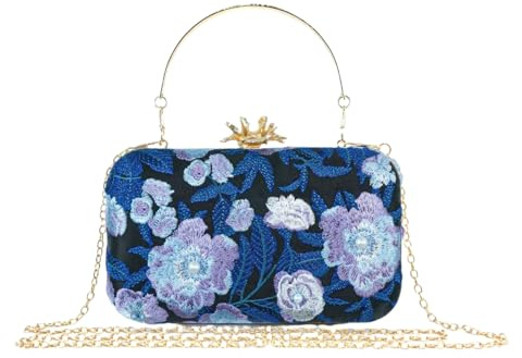 CRFASIBE Bolso de Noche Elegante para Mujer, con Bordado Floral y Detalle de Perlas, Pochette Pequeña con Cadena Desmontable, Ideal para Bodas, Cócteles y Ocasiones Especiales(Azul)