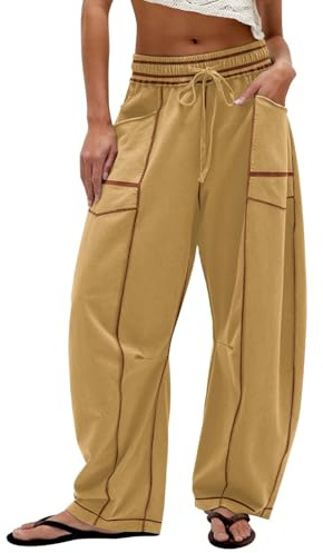 Pantaloni della tuta da donna a forma di tubo, pantaloni della tuta larghi con coulisse, pantaloni casual a vita alta a gamba larga, pantaloni estivi patchwork, Giallo, M