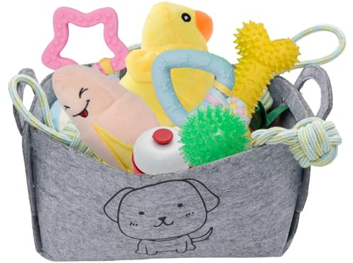SUNNYNEST 24 Pack Puppy Toys with Storage Box – Small Dog Chew Toys for Teething, Interactive Play, Training & Cleaning – Plush, Rope, Rubber, Squeaky Toys with Poo Bags Dispenser
