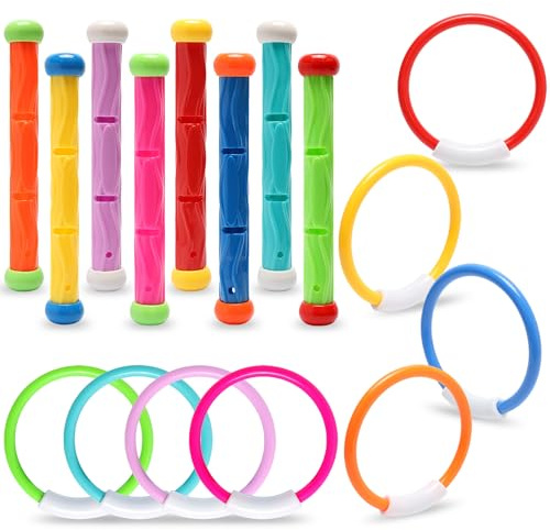 PARENTSWELL 16 PCS Pool Toys for Kids, Diving Toys Set for Swimming Pool Including Dive Rings & Sticks, Colorful Sinking Toys for Summer Water Games, Party Favor for Boys Girls