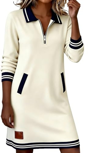 Abito da donna in felpa con risvolto a mezza zip, a blocchi di colore, a maniche lunghe, ampio, linea A, design midi con pratiche tasche, bianco, S