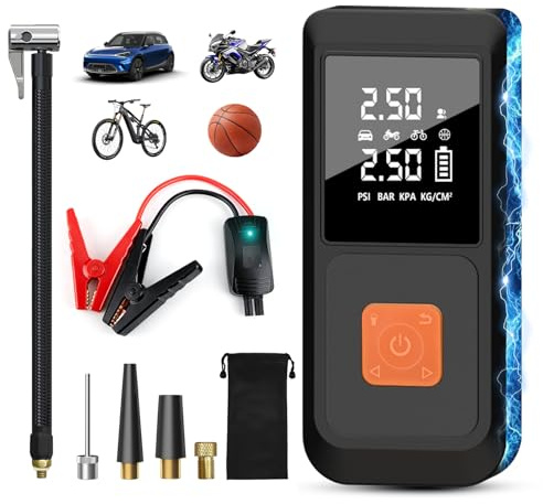 Junsun Arrancador de Batería 12V con Compresor de Aire 150 PSI y Power Bank 10000mAh, Inflador Portátil para Coche Gasolina y Diésel, Arranque de Emergencia, Pantalla LCD, Carga Rápida y Luz LED