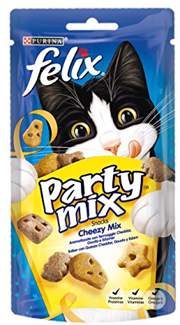 FELIX Party Mix Snack per Gatti Adulti con Formaggio Cheddar, Gouda e Edamer 8 Confezioni da 60g
