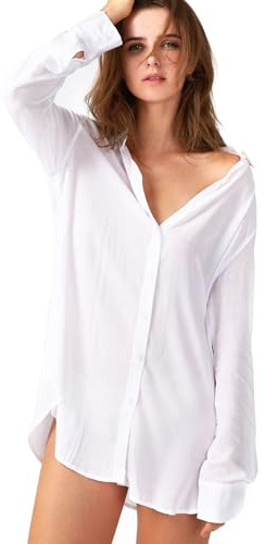 TOUSYEA Sleep Shirts for Women Button Down Shirts Long Sleeve Sleepwear Swimsuit Cover Ups Soft Pajama Tops White S
