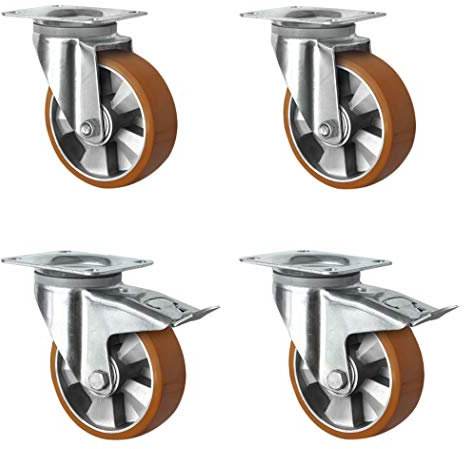 CASCOO SETSHTH125BAU5D0N Rollensatz 2 Lenkrollen-, 2 mit Feststeller, Aluminiumfelge, Polyurethan, Durchmesser 125 mm, Schwerlast, Doppelkugellager, Traglast 1200 kg (4-er Pack)
