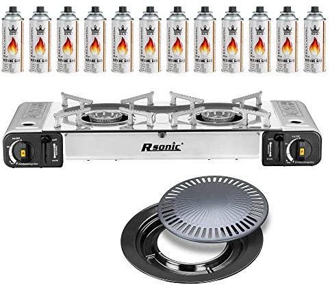Mianova Campingkocher Doppel Gaskocher 2 flammiger Shisha Anzünder Grill Notfallkocher Kühltasche Gaskartuschen Gas Kocher Set Silber Grillplatte 12 Gasflaschen