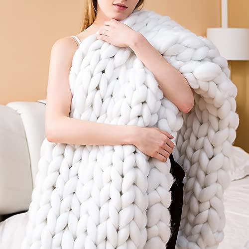 XWCG Chunky Knit Blanket Mjuk Täckfilt Mysig Och Varm Stickad Täcke Ullblandning Soffastol Heminredning Chunky Knit Filt Handgjorda Täckfiltar,White,100 * 150cm