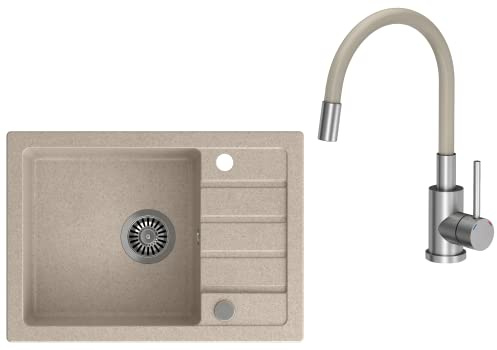 VBChome Diskbänk med kran 62 x 44 cm beige diskbänk enkel handfat kök inbyggd diskbänk kompositdiskbänk diskbänk diskho diskho sprucken ytjämnare diskbänksmixer med flexibel pip