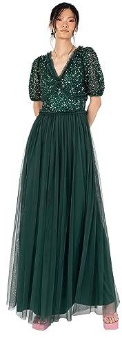 Maya Deluxe Women's Maxi Dress Ladies V-Neck Short Sleeve Sequin Embellished Tulle Ruffle for Wedding Guest Bridesmaid Ball Gown Dresses, Emerald Green