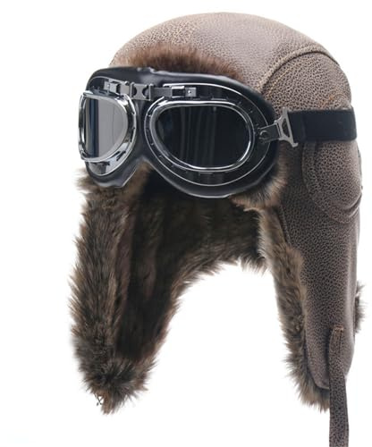 Lifup Chapeau et Lunettes d'aviateur Vintage, Unisex Chapeau de Trappeur avec Cache Oreilles, Chapka en Fausse Fourrure pour Ski Snowboard Camping