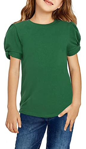 Arshiner Mädchen T-Shirts Puffarm Sommer Freizeit Kinder Shirts Oberteile Mode Rundhals Baumwolle Basic Kurzarm Tshirt für Mädchen 10-11 Jahre Grün