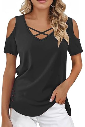 Rayson Tee Shirt Femme col V Casual Tshirts Tunique Tops T-Shirts Off Shoulder Tunique Tops Criss Cross Col en V T-Shirts d'été(Noir，L)
