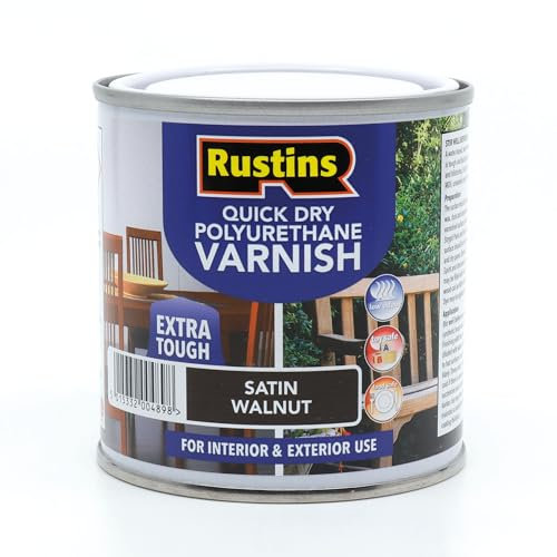 RustinsQuick Dry Poly Varnish Satin Walnut 250ml -Tough, Water-Based Clear Finish in Gloss, Matt or Satin; Durable Protection for Interior Wood, Furniture and Floors