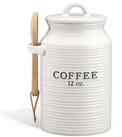 Barnyard Designs Coffee Canister for Kitchen Counter, Decorative Ceramic Coffee Container, Rustic Farmhouse Canister Jar, White (Coffee)