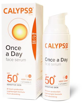 Calypso Once a Day Serum SPF50+, Serum with Vitamin C for Face and Neck, for Sensitive Skin. Very High Sun Protection. UVA + UVB Primer.