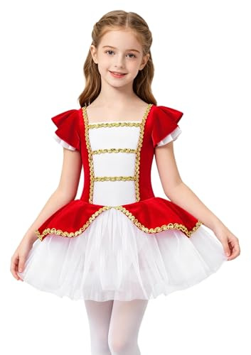 Hansber Costume Domatrice Circo Bambina Body da Danza Classica Vestito Tutu da Balletto Pattinaggio Manica Corta Abiti Principessa Ballerina Rosso 7-8 Anni