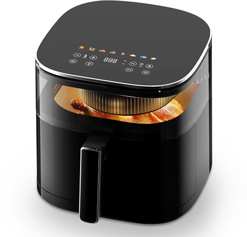 aeco TOUCH AirFryer 5,7 Liter, Heißluftfritteuse mit 270° beleuchtetem Sichfenster & digitalem Touch-Display, 1700 Watt, 80°-200° einstellbar, 8 Programme, inkl. Rezeptheft
