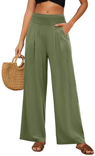 Niwicee Leinenhose Damen Sommer Baumwolle Leinen Hose High Waist Geradem Lose Casual Sommerhose mit Taschen Elastisch Hohe Taille Freizeithose Strandhose Lang Leichte(Grün, L)