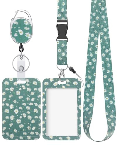 Uniclife Porta Tarjetas Deslizante Floral Funda de Plástico Floral con Clip de Mosquetón Retráctil y Correa de Cordón Desmontable Protector de Tarjetas Vertical Duro para Oficina Escuela Verde