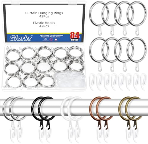 Glarks Set di 42 anelli per tende da 30 mm, in metallo argentato, include 42 anelli per tende e 42 ganci per tende in plastica bianca, occhielli scorrevoli per drappeggio