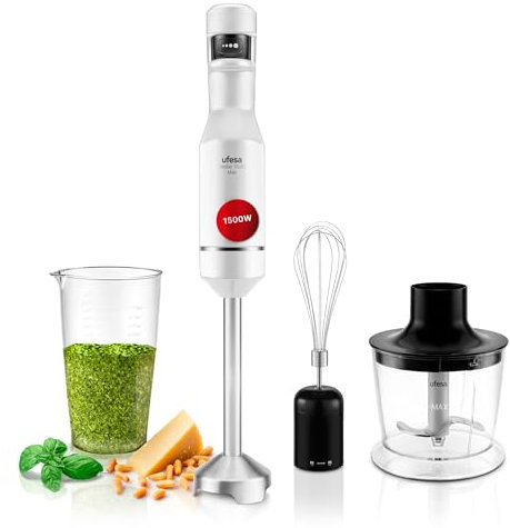 Ufesa Batidora de Mano Stellar Max TouchSpeed 1500W, Pantalla Digital, Velocidad Táctil Variable, 4 Cuchillas Alta Eficiencia, Ergonómico, Antisalpicaduras, Vaso Medidor, Emulsionador y Picadora