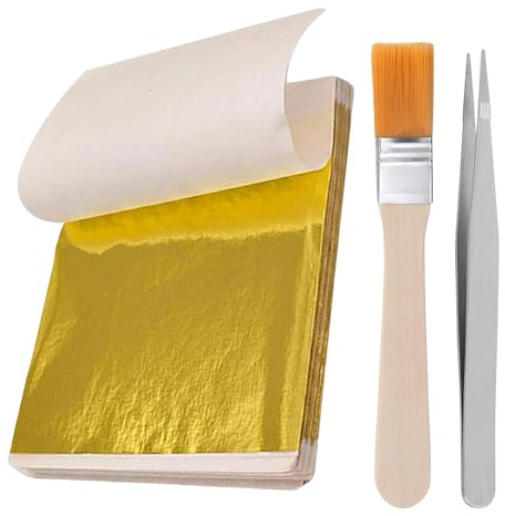 120PCS Sheets Gold Leaf, Imitation Gold Leaf Sheets Gold Leaf Kit with Brush Tweezer for Cakes Drinks Beauty Routine Makeup Health Craft Projects and Nail Art Design