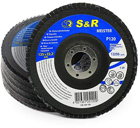 S&R Disco de Láminas Abrasiva 125 m x 22,23 para Acero y Madera, tamaño grano 120, 29 Dientes. Set 5 discos para amoladora angular.