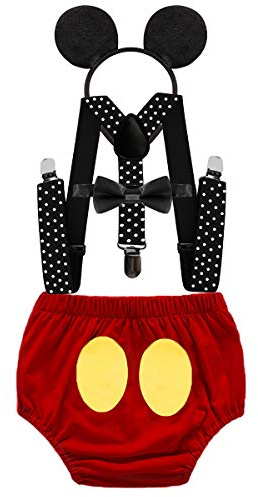 MYRISAM Newborn Baby Boys Mickey Costume Birthday Cake Smash Photo Shoot Outfit Diaper Cover Shorts Bloomers Braces/Suspenders Bow Tie Mouse Headband 12-18M