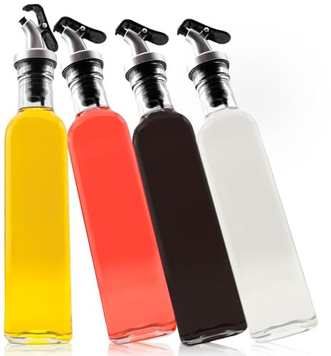 Set di dispenser per aceto e olio - (Madeira) 4 bottiglie di vetro da 250 ml con imbuto di metallo ed etichette per l'etichettatura | a prova di perdite e senza gocciolamento | con tappo antisporco