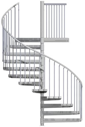 Spindeltreppe außen Scarvo M, Wendeltreppe verzinkt, Geschosshöhe: 234-251 cm, 12 Stufen, EIN Podest, Durchmesser: 180 cm, Stufenbelag: Stahl Streckgitter, Stahltreppe