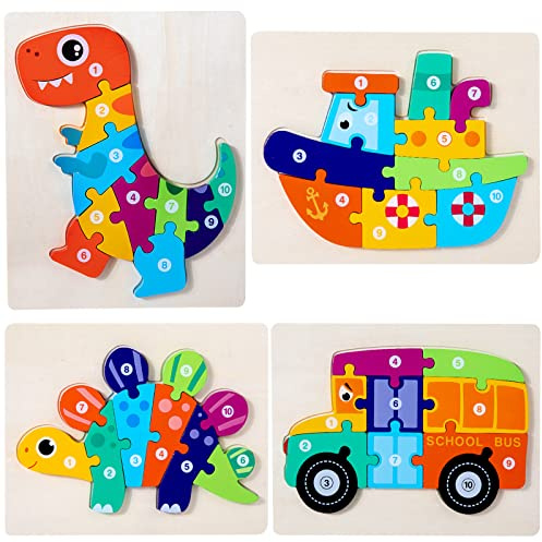 HUADADA Wooden Puzzles Dinosaur Animals Jigsaws puzzle Toys for 2 3 4 Year Old boy 4 Pack Shape Number Toddler Puzzles Toddler Toys Educational Games for Girls Boys Children