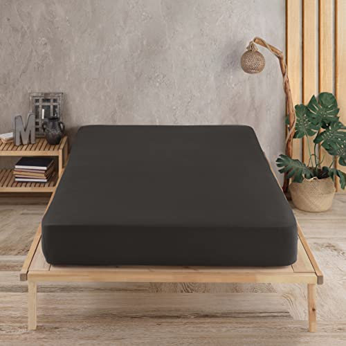 Vency Premium Jersey Spannbettlaken 140x200cm Schwarz - Spannbetttuch 100% Baumwolle, Bettlaken 140x200 Bis 35 cm Matratzenhöhe Schwarz