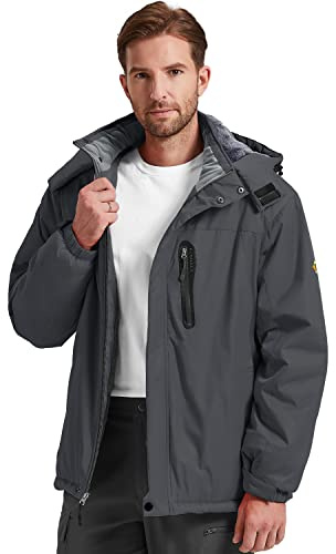 Kugnala Men's Winter Skiing Jacket Waterproof Warm Snow Fleece Lining Coat Mountain Windbreaker Hooded Windproof Rain Jacket Grey M